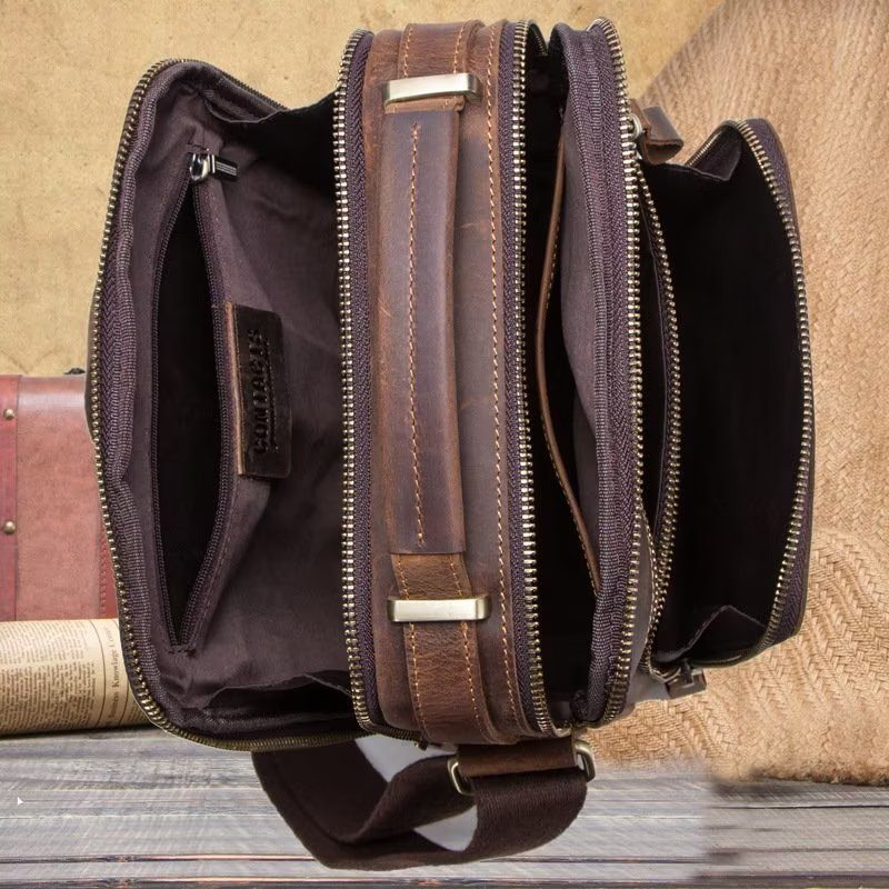 Axelväskor För Män Elegant Crazy Horse Crossbody-väska I Läder - Kaffe