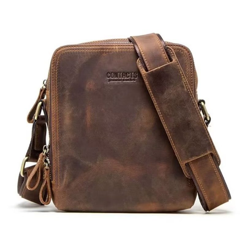 Axelväskor För Män Elegant Crazy Horse Rugged Crossbody-väska I Läder - Kaffe