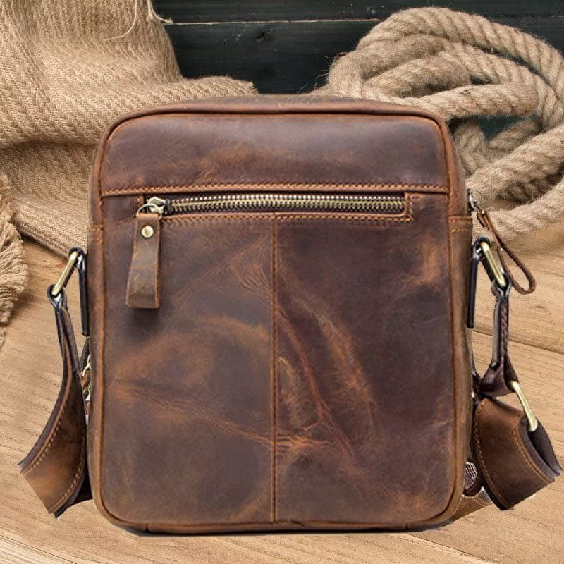 Axelväskor För Män Elegant Crazy Horse Rugged Crossbody-väska I Läder - Kaffe