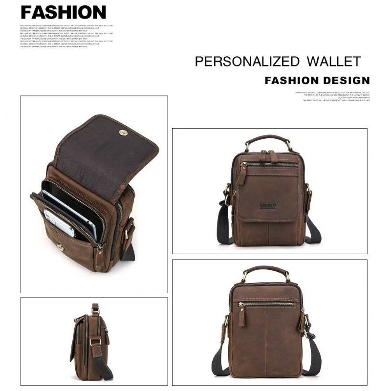 Axelväskor För Män Lyxig Crossbody Messenger-väska Crazy Horse Classic Collection - Kaffe