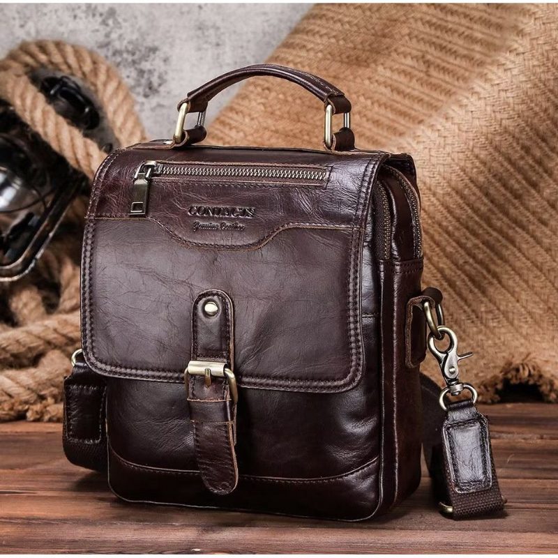 Axelväskor För Män Lyxig Crossbody Messenger-väska Crazy Horse Rugged Collection - Kaffe