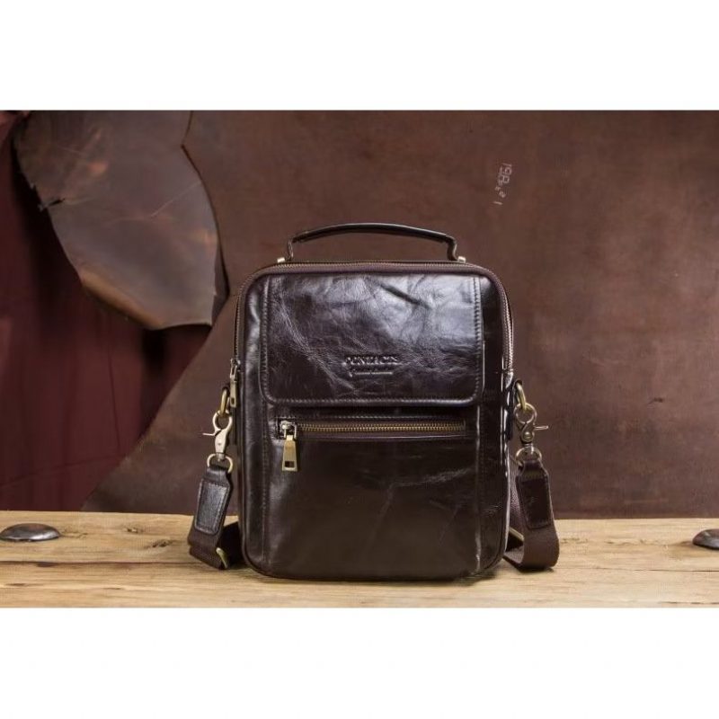 Axelväskor För Män Lyxig Crossbody Messenger-väska Crazy Horse Rugged Collection - Kaffe