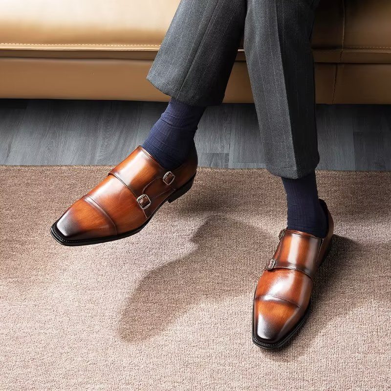 Formell Skor För Män Slip-on Monkstraps I Raffinerat Läder - Kaffe