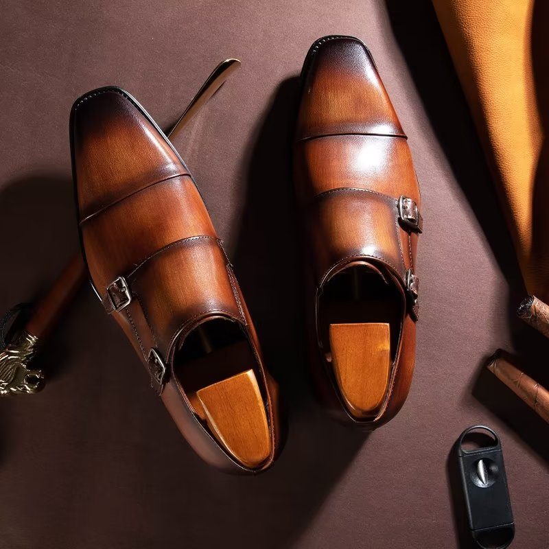 Formell Skor För Män Slip-on Monkstraps I Raffinerat Läder - Kaffe