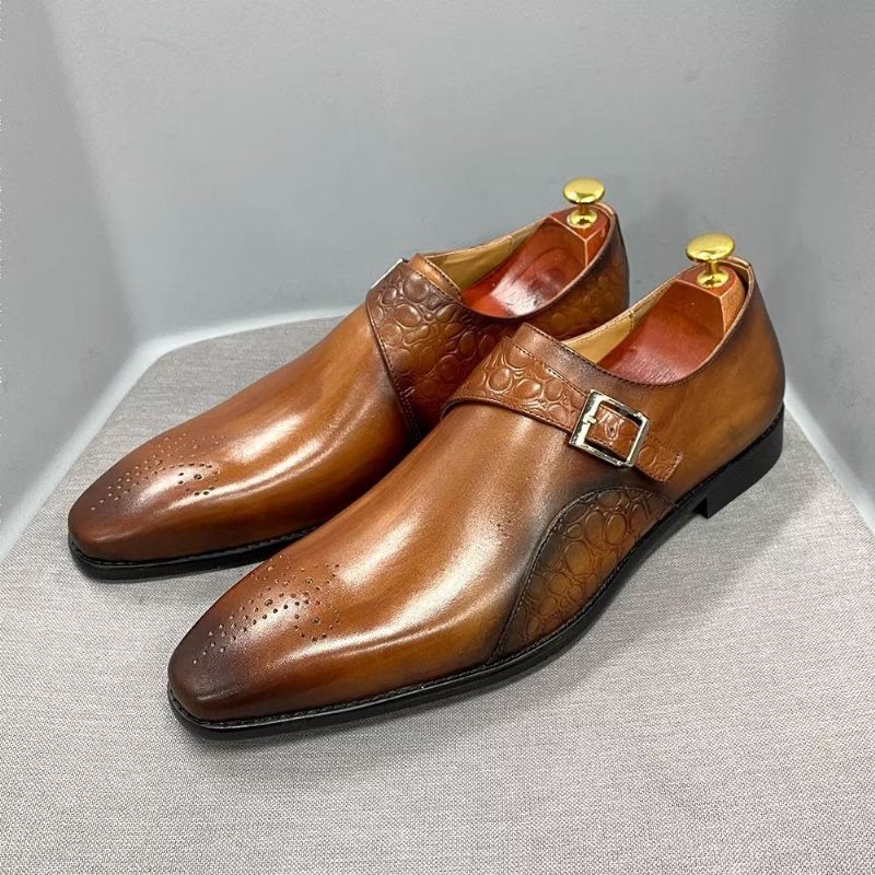 Formell Skor För Män Utsökta Croc-präglade Monkstraps Klänning - Brunt