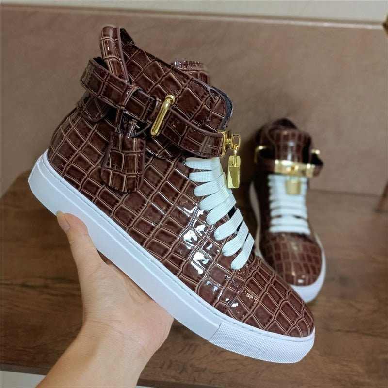 Herrsneakers Präglade High Top Designer Flat Sneakers - Kaffe