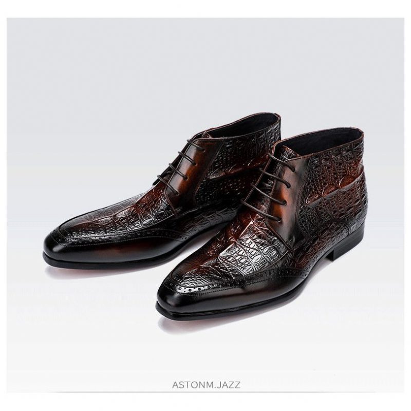 Herrstövlar Croc Texture Ankel Snörning Brogue Boots - Kaffe