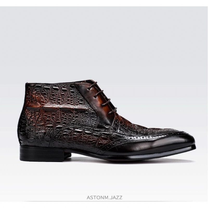 Herrstövlar Croc Texture Ankel Snörning Brogue Boots - Kaffe