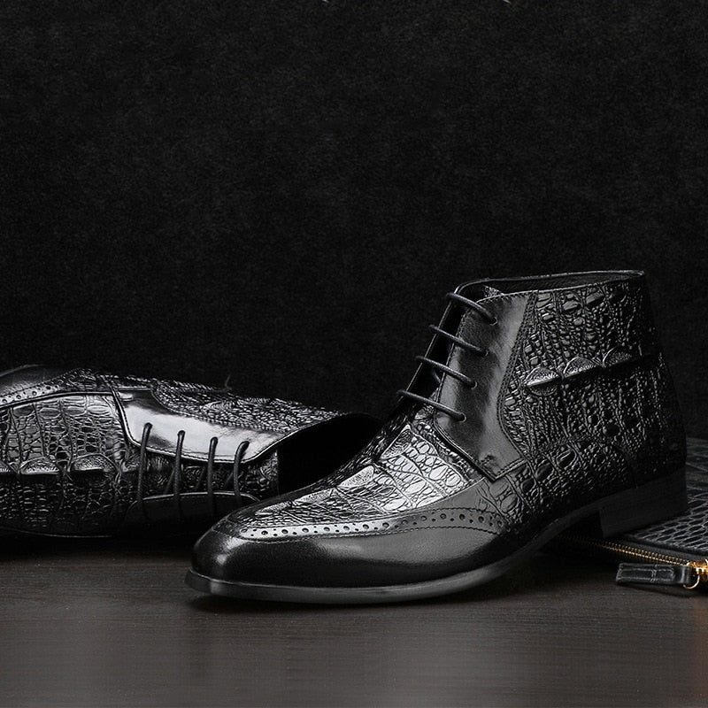 Herrstövlar Croc Texture Ankel Snörning Brogue Boots - Svart