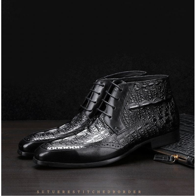 Herrstövlar Croc Texture Ankel Snörning Brogue Boots - Svart