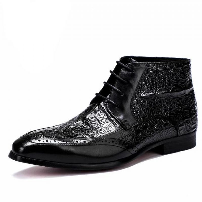 Herrstövlar Croc Texture Ankel Snörning Brogue Boots - Svart