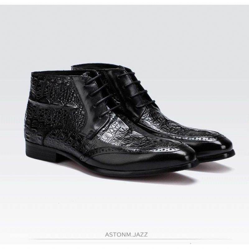 Herrstövlar Croc Texture Ankel Snörning Brogue Boots - Svart