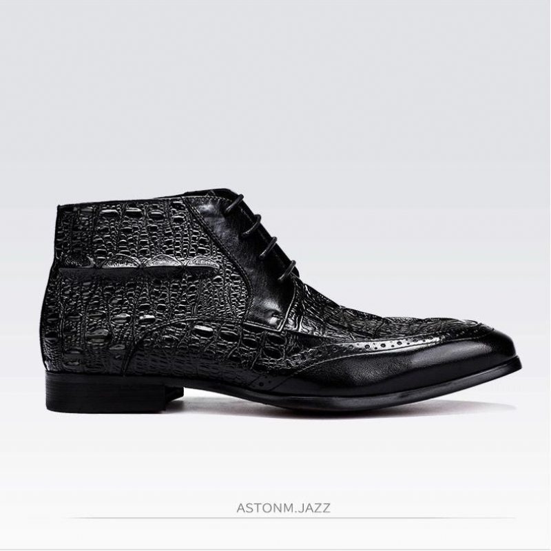 Herrstövlar Croc Texture Ankel Snörning Brogue Boots - Svart