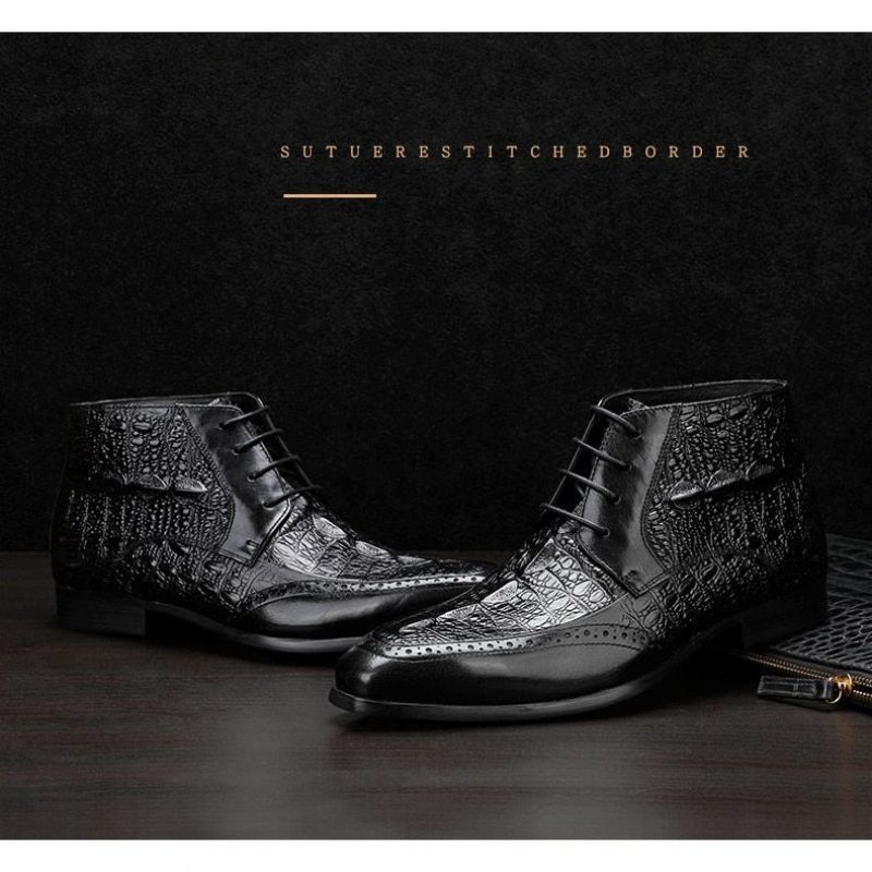 Herrstövlar Croc Texture Ankel Snörning Brogue Boots - Svart