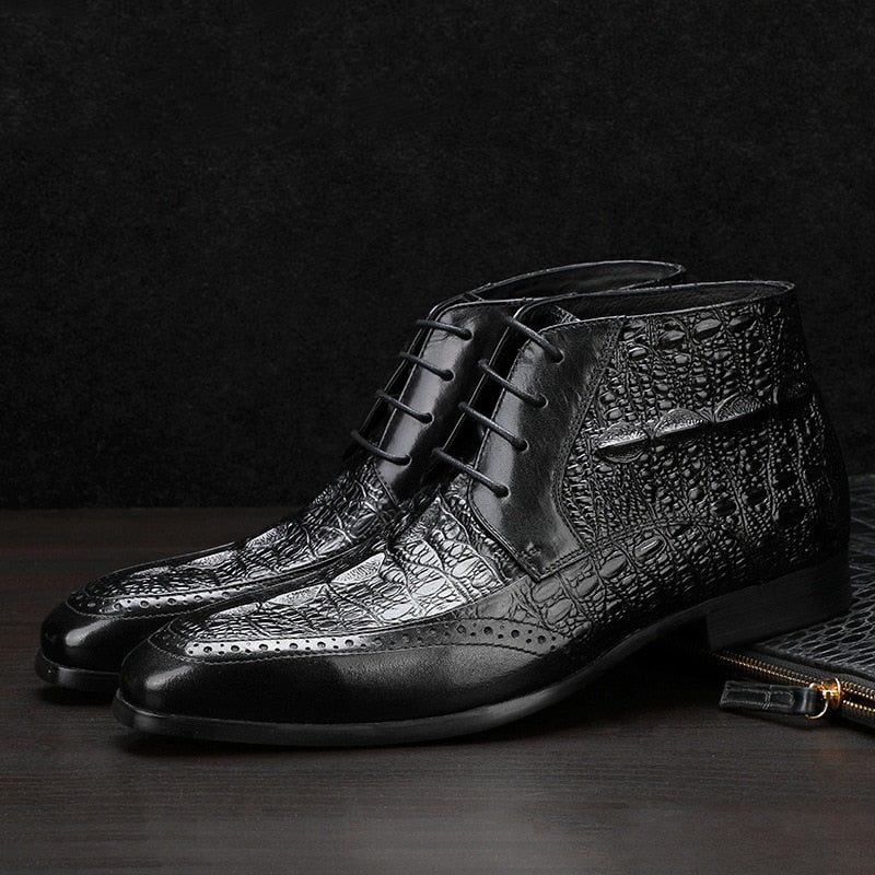 Herrstövlar Croc Texture Ankel Snörning Brogue Boots - Svart