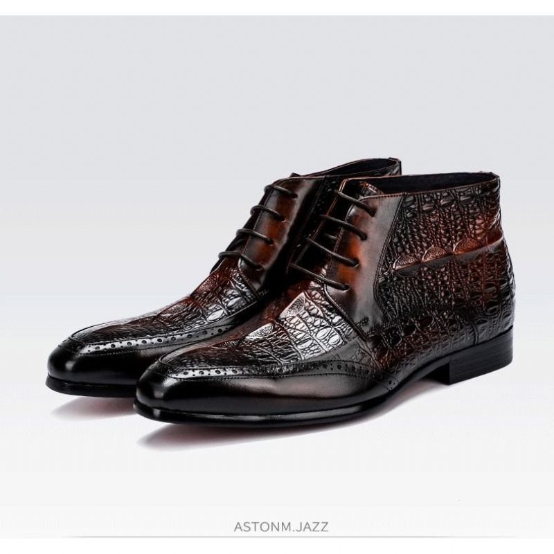 Herrstövlar Croc Texture Ankel Snörning Brogue Boots - Kaffe