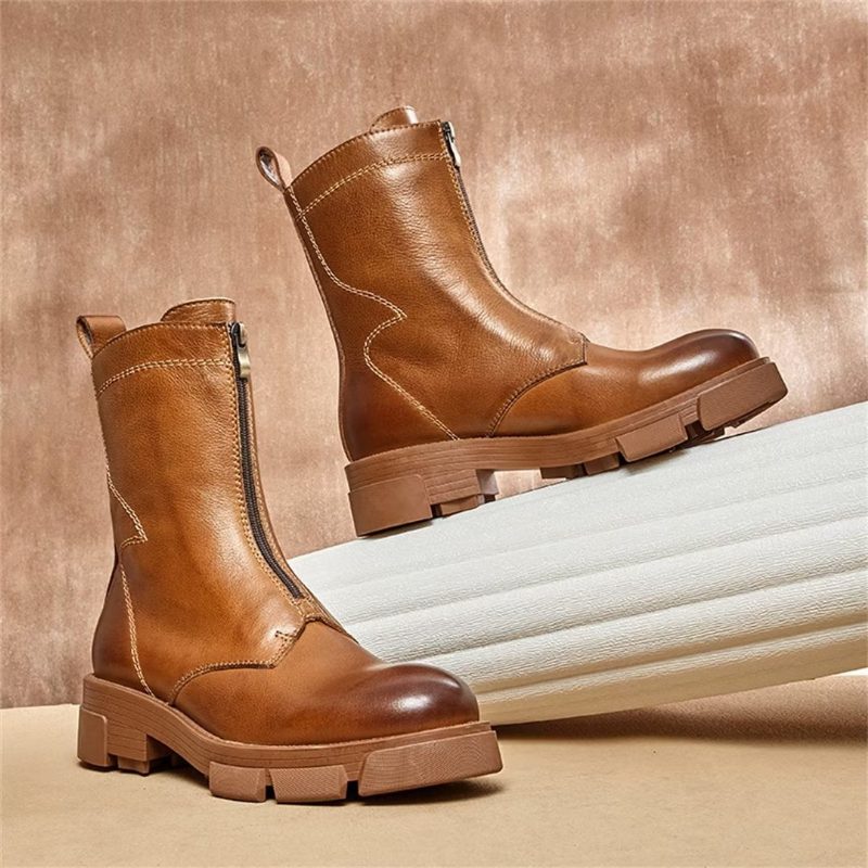 Herrstövlar Fårskinn Chic Vintage Zipper Ankel Boots - Brun