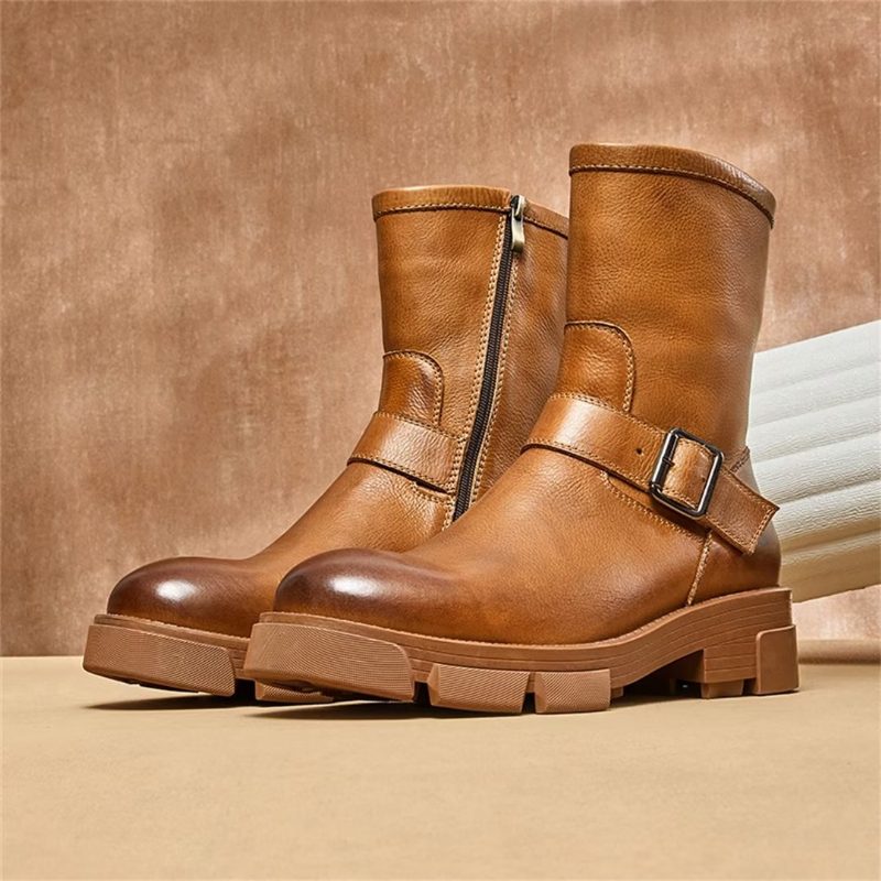 Herrstövlar Fårskinn Chic Vintage Zipper Classic Ankel Boots - Brun