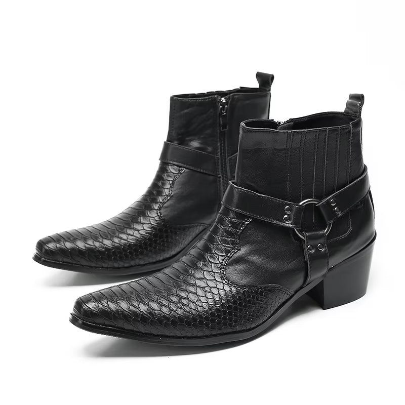 Herrstövlar Luxury Serpent Black Leather Party Ankel Boots - Svart