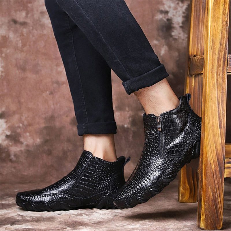 Herrstövlar Lyxiga Brittiska Alligator Läder Slip-on Ankel Boots - Svart