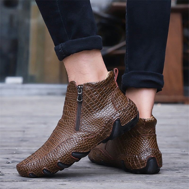 Herrstövlar Lyxiga Brittiska Alligator Läder Slip-on Ankel Boots - Kaffe 2