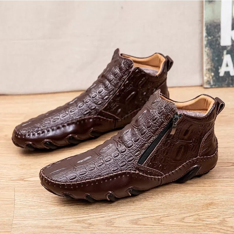 Herrstövlar Lyxiga Brittiska Alligator Läder Slip-on Ankel Boots - Kaffe