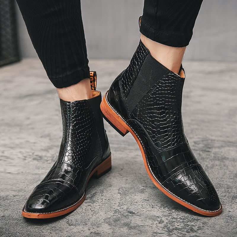 Herrstövlar Snakeskin Chic Spetsiga Chelsea Ankel Boots - Svart