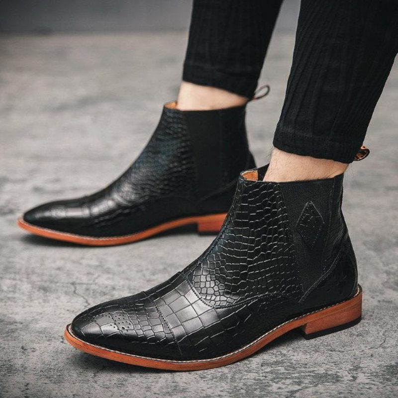 Herrstövlar Snakeskin Chic Spetsiga Chelsea Ankel Boots - Svart