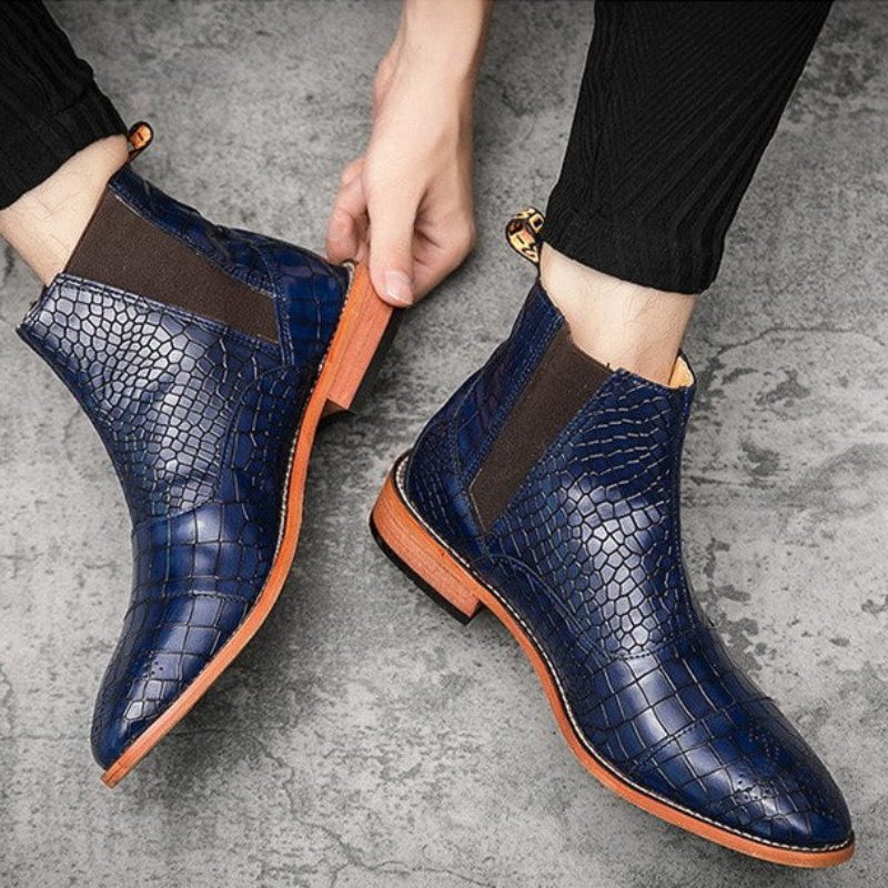 Herrstövlar Snakeskin Chic Spetsiga Chelsea Ankel Boots - Blå