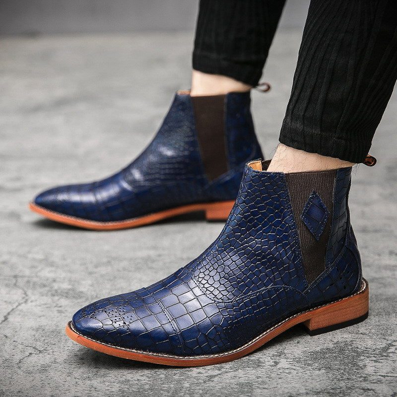 Herrstövlar Snakeskin Chic Spetsiga Chelsea Ankel Boots - Blå