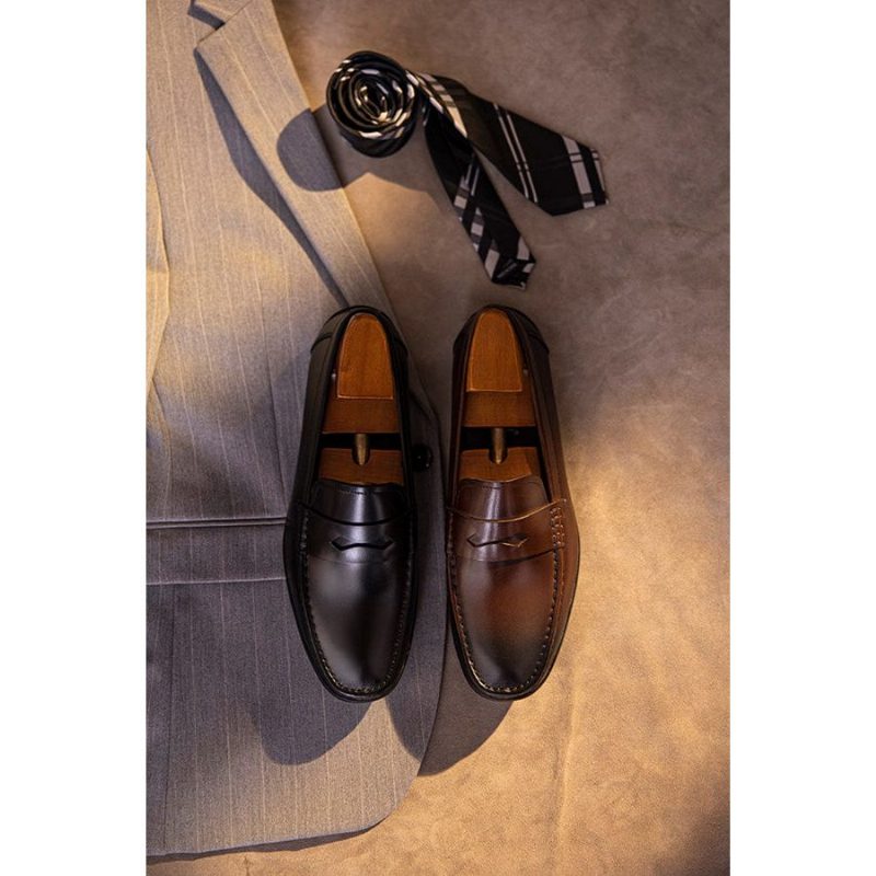 Loafers För Män Exotic Square Toe Läder Slip-on - Kaffe