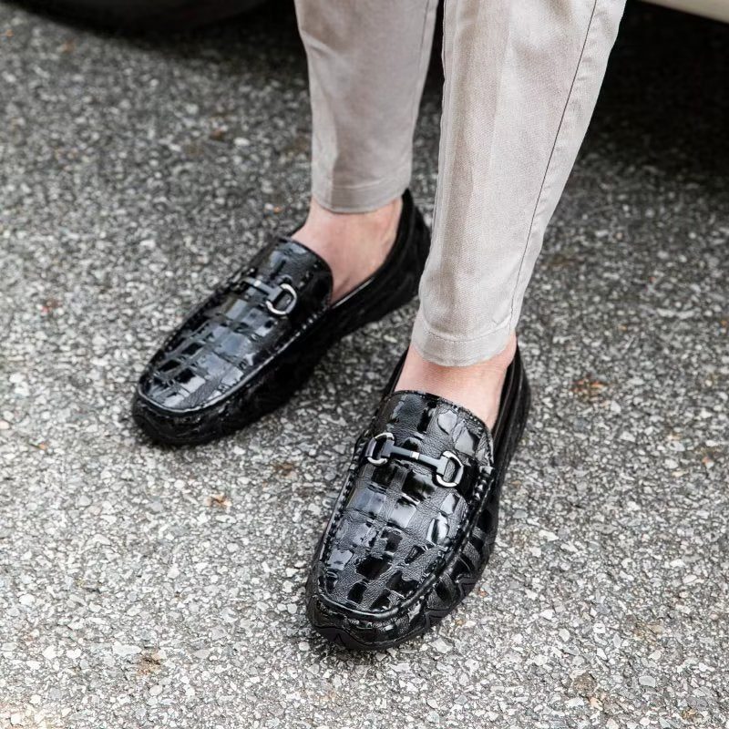 Loafers För Män Exotiska Krokodilläder Slip On Metal Toe - Svart