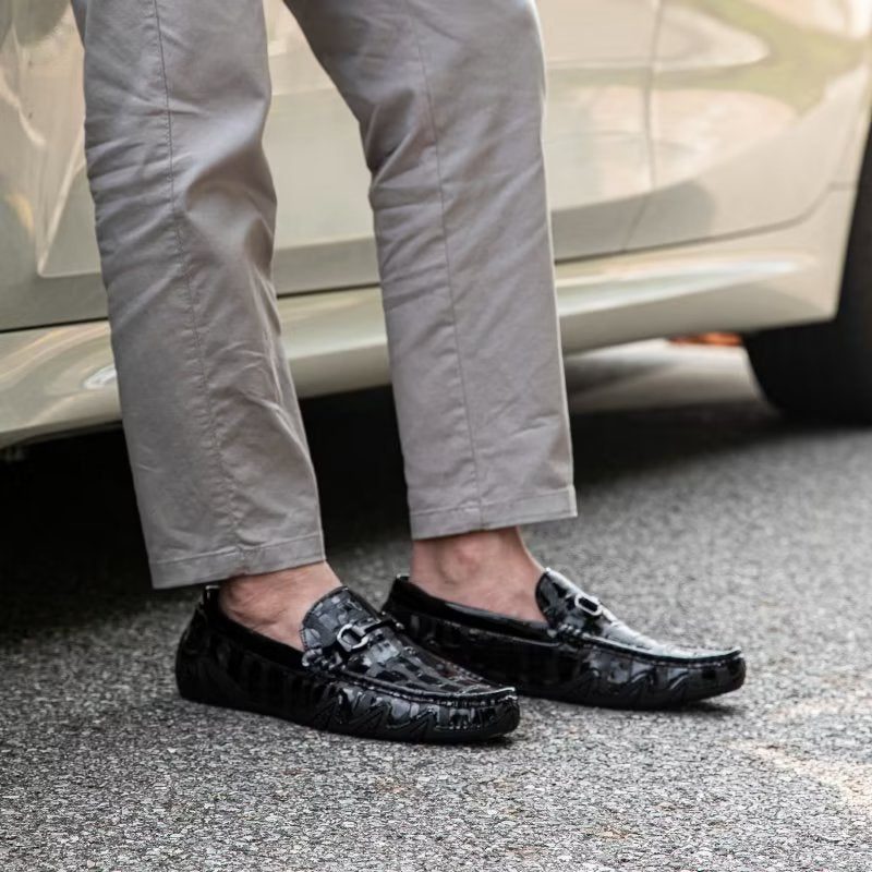 Loafers För Män Exotiska Krokodilläder Slip On Metal Toe - Svart