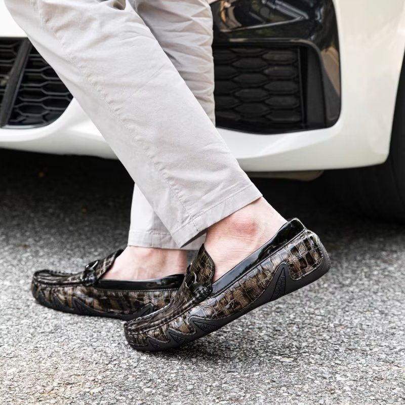 Loafers För Män Exotiska Krokodilläder Slip On Metal Toe - Kaffe