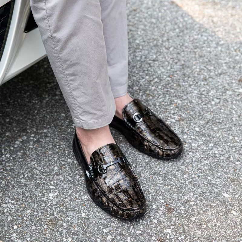 Loafers För Män Exotiska Krokodilläder Slip On Metal Toe - Kaffe