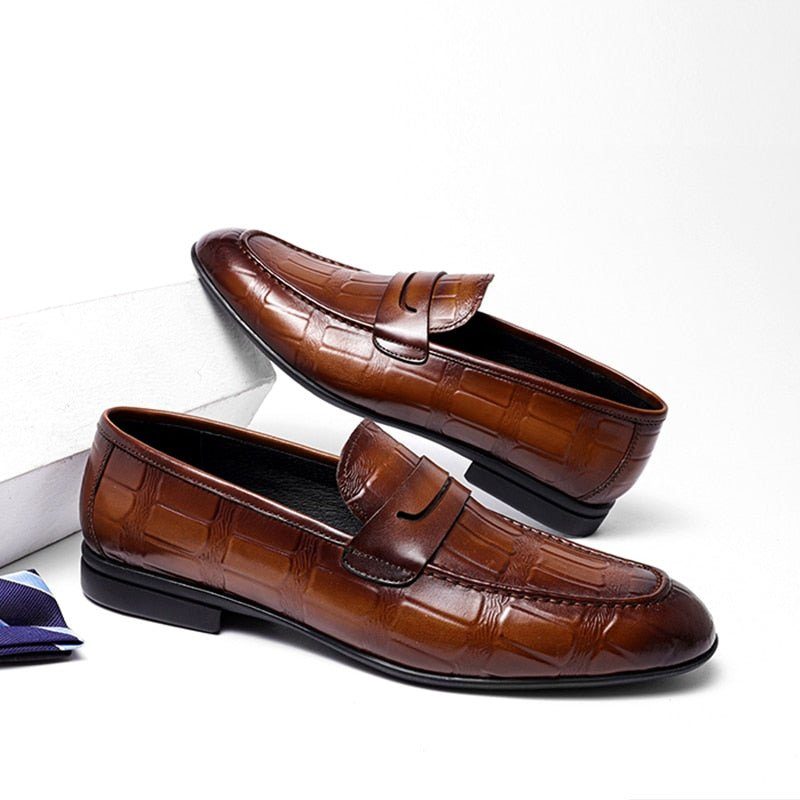 Loafers För Män I Äkta Läder Präglad Slip-on Elegance - Kaffe