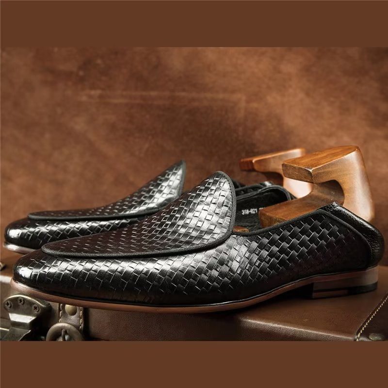 Loafers För Män Luxury Cow Leather Exotic Texture Slip-on - Svart