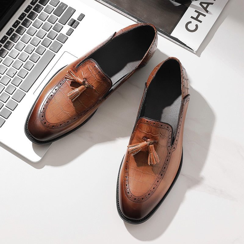 Loafers För Män Retro Chic Exotic Tofs Läder Brogue - Kaffe