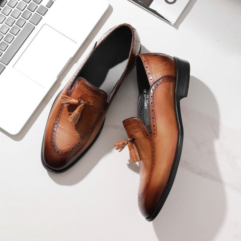 Loafers För Män Retro Chic Exotic Tofs Läder Brogue - Kaffe