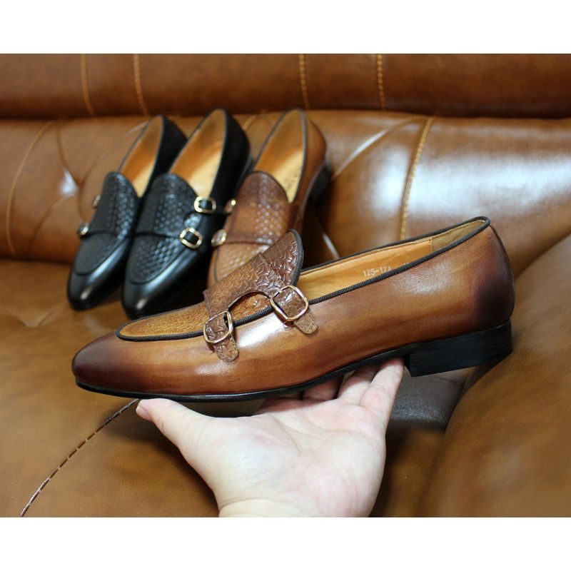 Loafers För Män Suave Läder Monk Strap Bröllop - Kaffe