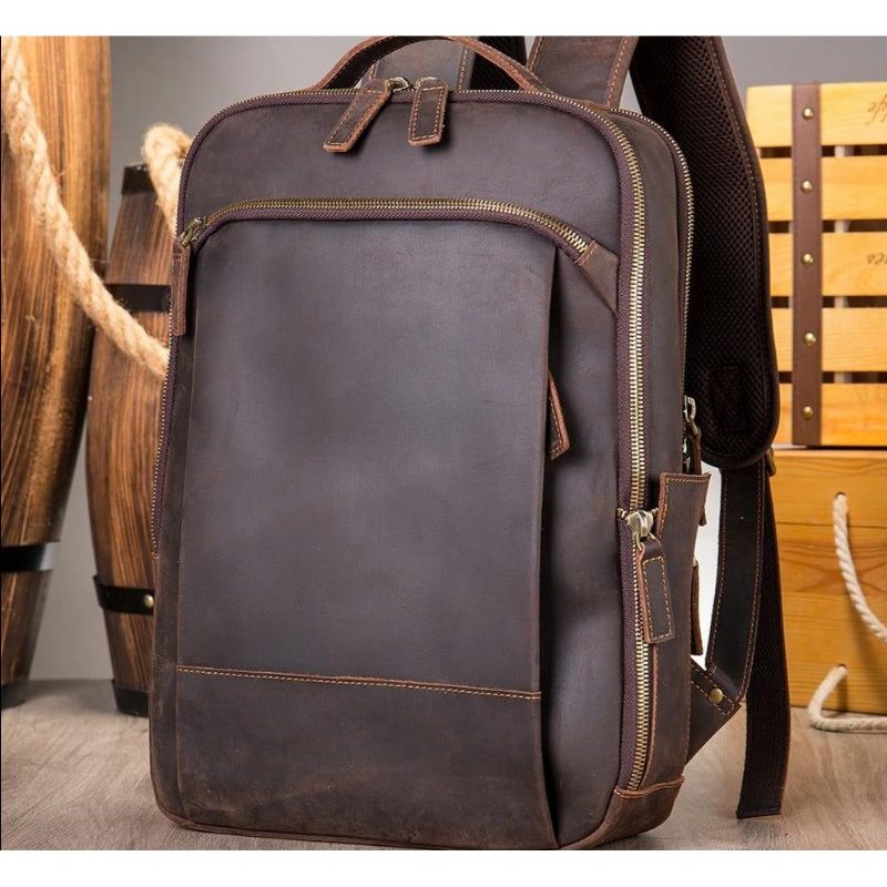 Ryggsäckar För Män Vintage Lyxig Läder Laptop Travel Daypack - Kaffe