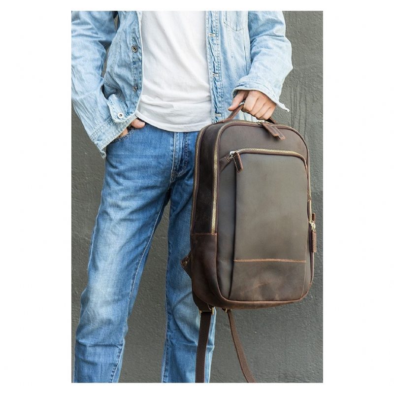 Ryggsäckar För Män Vintage Lyxig Läder Laptop Travel Daypack - Kaffe