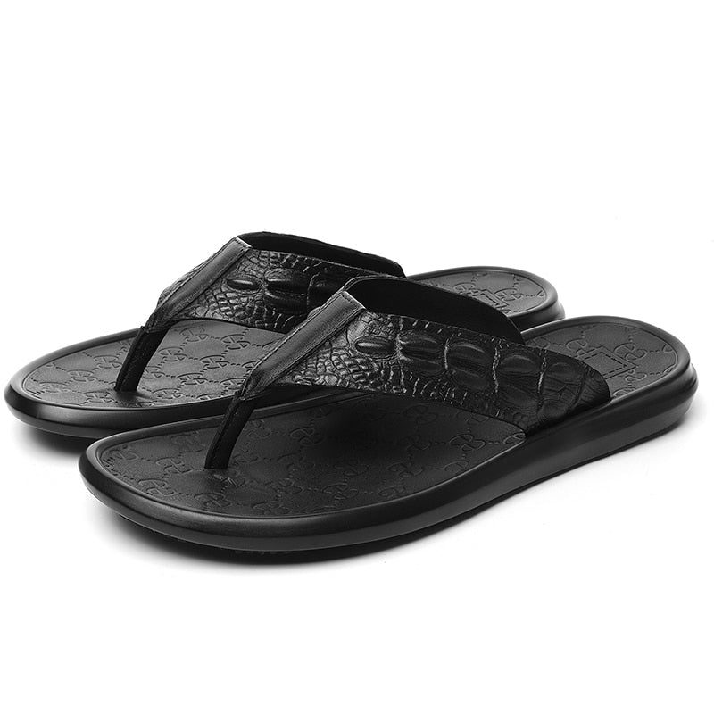 Vardagsskor För Män Krokodiltextur I Äkta Läder Flip Flop-sandaler - Svart