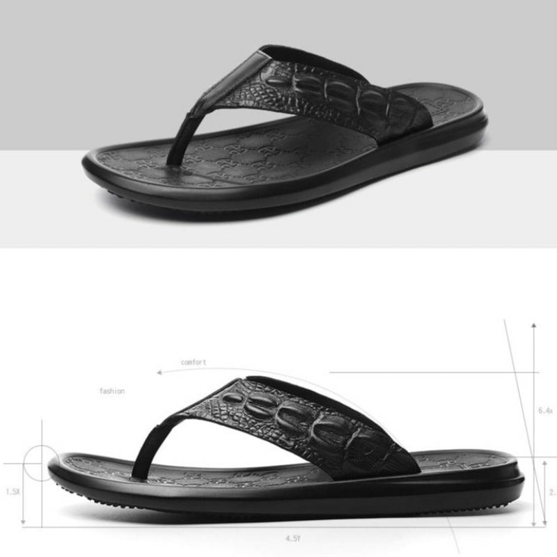 Vardagsskor För Män Krokodiltextur I Äkta Läder Flip Flop-sandaler - Svart